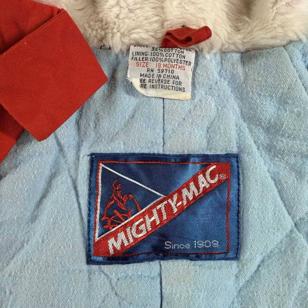 VINTAGE 80s Mighty Mac Baby Snow Suit 18 Months Red Teddy Bear Party Fur Lined